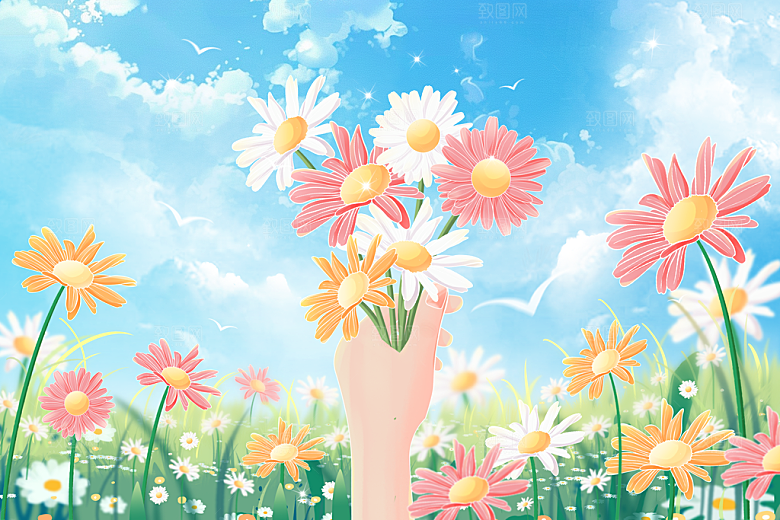 卡通可爱人物春夏出游田园风光插画