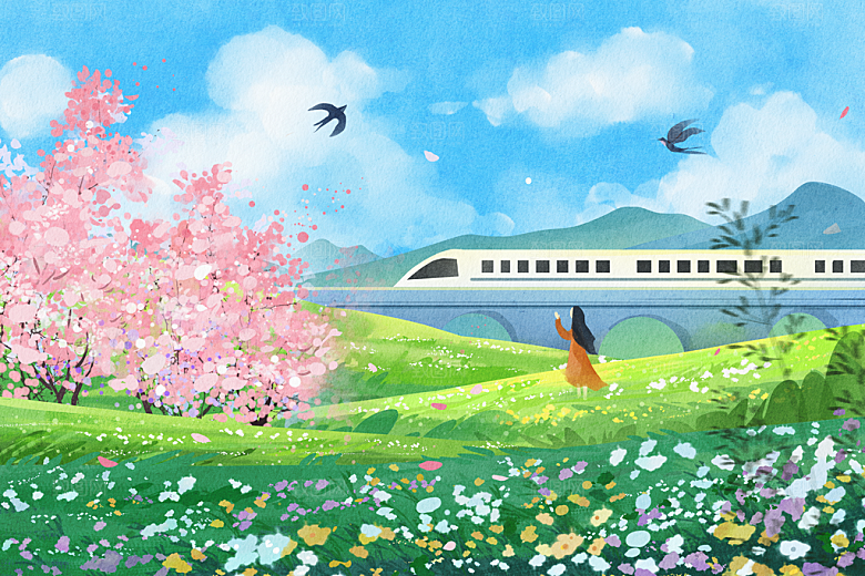 卡通可爱人物春夏出游田园风光插画