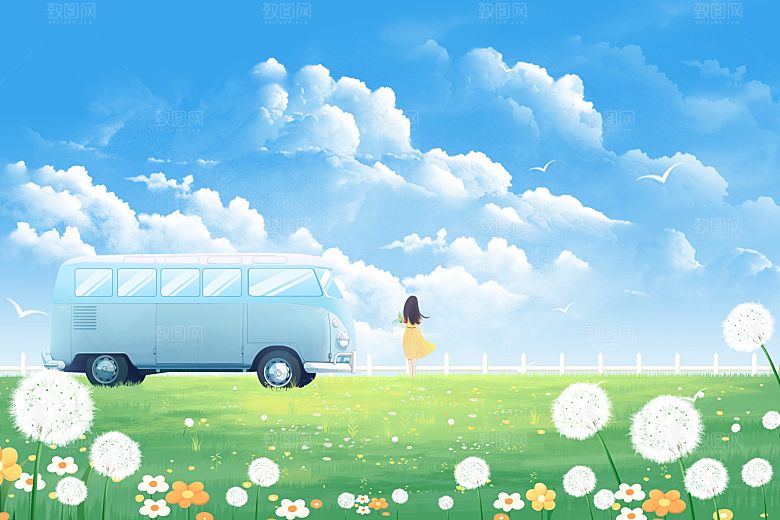 卡通可爱人物春夏出游田园风光插画