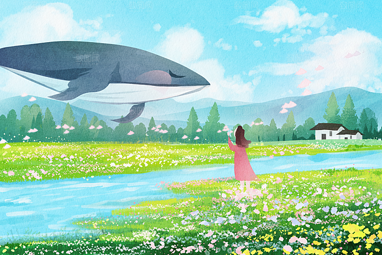 卡通可爱人物春夏出游田园风光插画