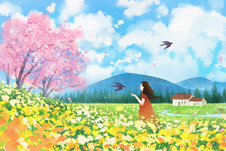 卡通可爱人物春夏出游田园风光插画