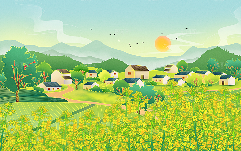 卡通可爱人物春夏出游田园风光插画