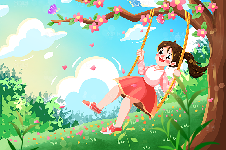 卡通可爱人物春夏出游田园风光插画