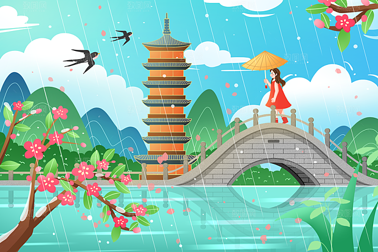 卡通可爱人物春夏出游田园风光插画