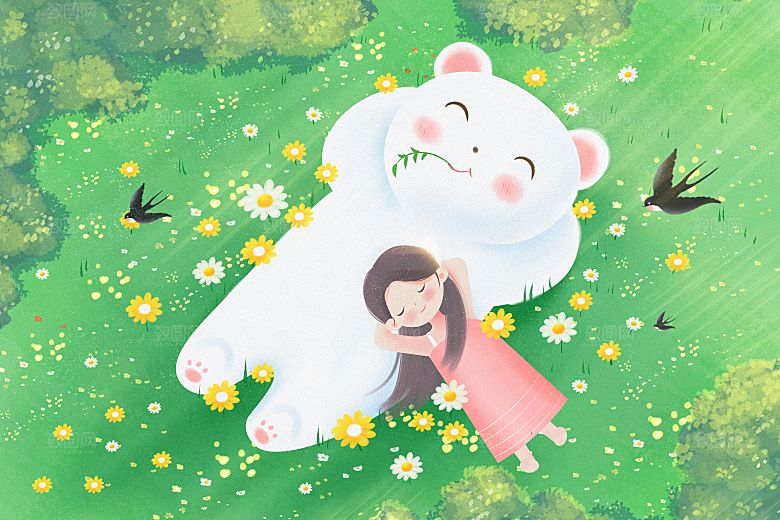 卡通可爱人物春夏出游田园风光插画