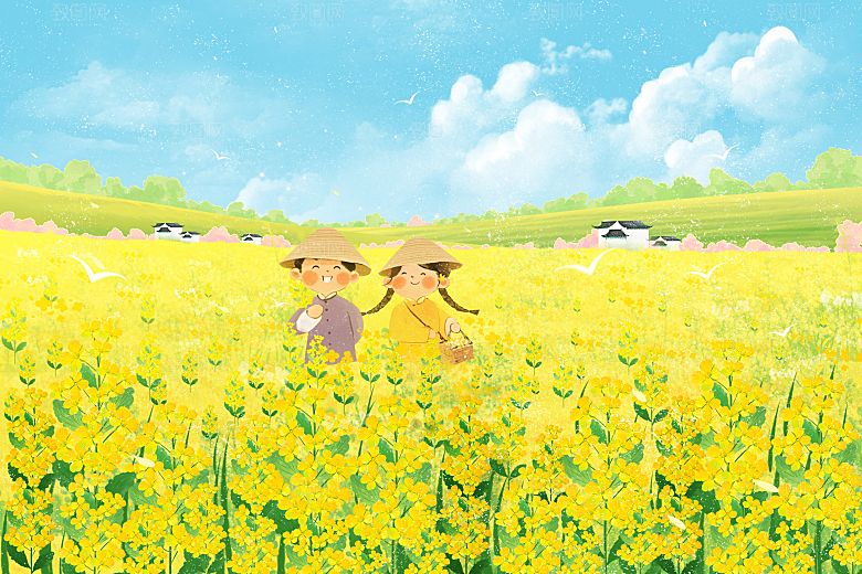 卡通可爱人物春夏出游田园风光插画