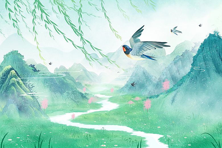 卡通可爱人物春夏出游田园风光插画
