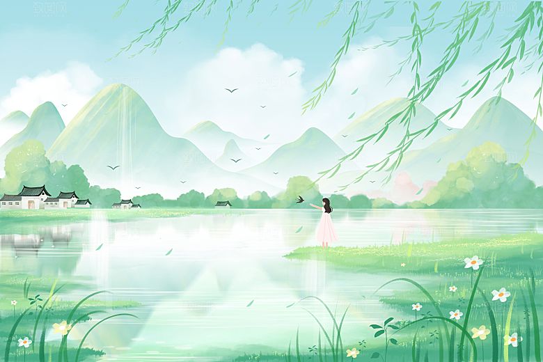 卡通可爱人物春夏出游田园风光插画
