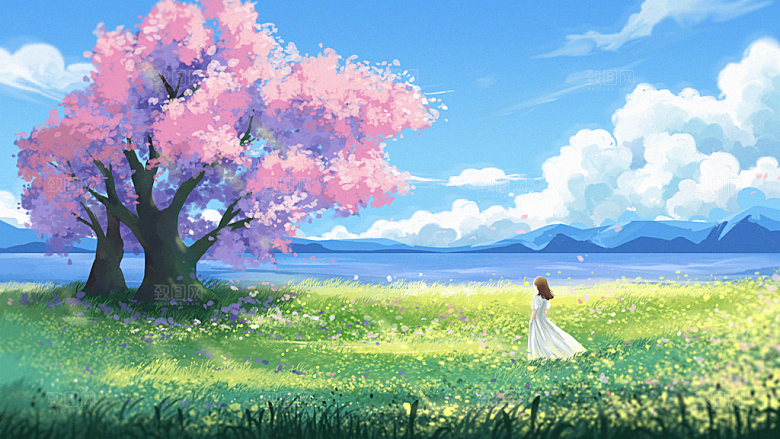 卡通可爱人物春夏出游田园风光插画