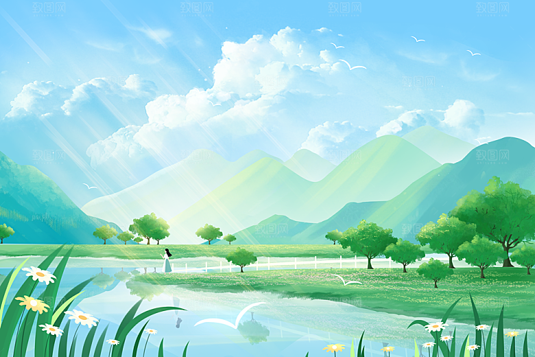 卡通可爱人物春夏出游田园风光插画