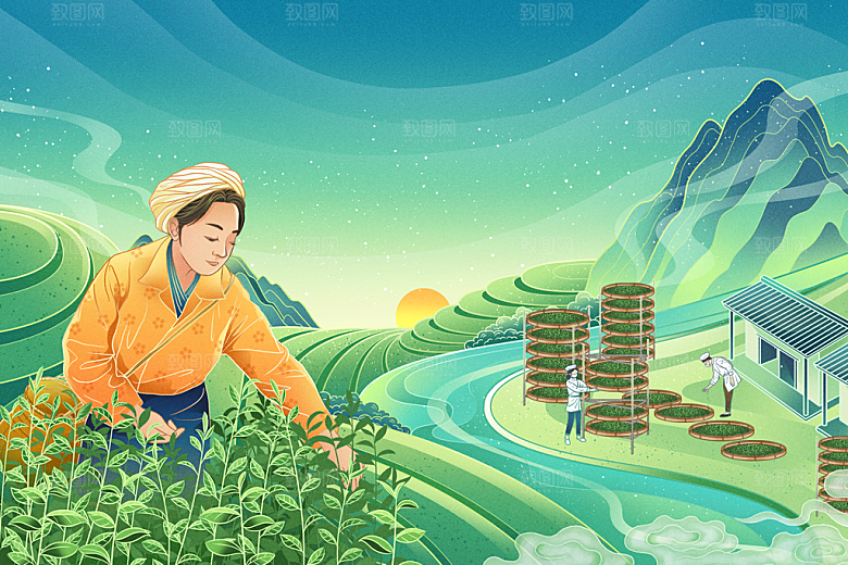 卡通可爱人物春夏出游田园风光插画