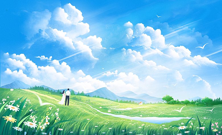 卡通可爱人物春夏出游田园风光插画