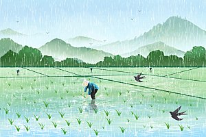 卡通可爱人物春夏出游田园风光插画