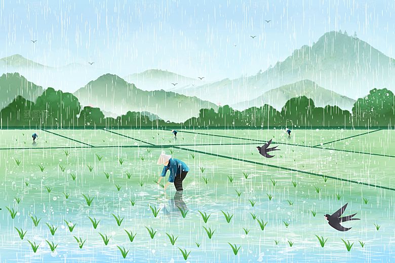 卡通可爱人物春夏出游田园风光插画