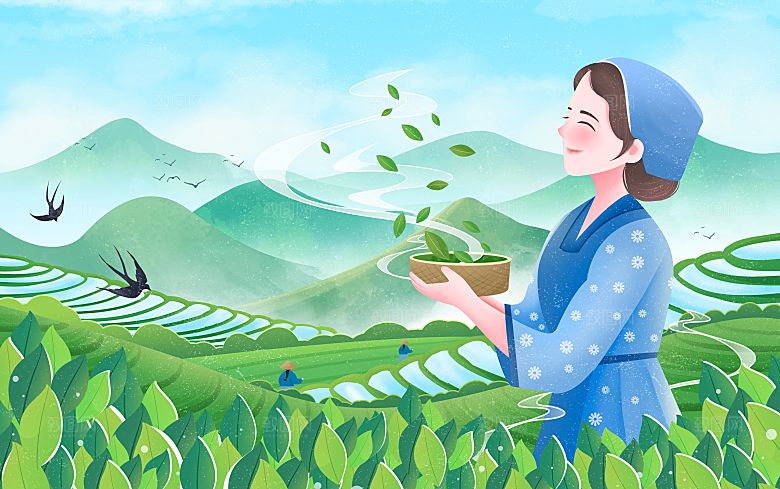 卡通可爱人物春夏出游田园风光插画