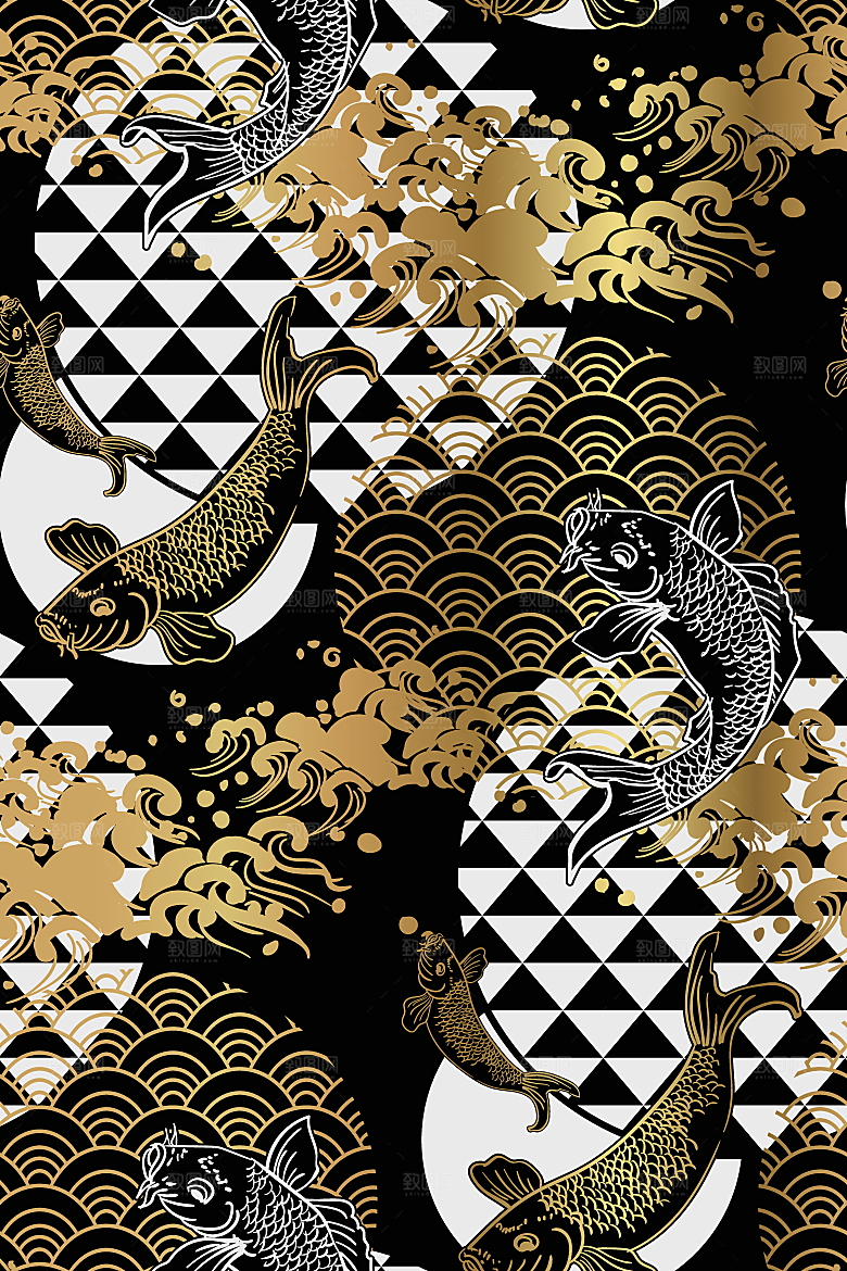 中式黑金山水建筑插画