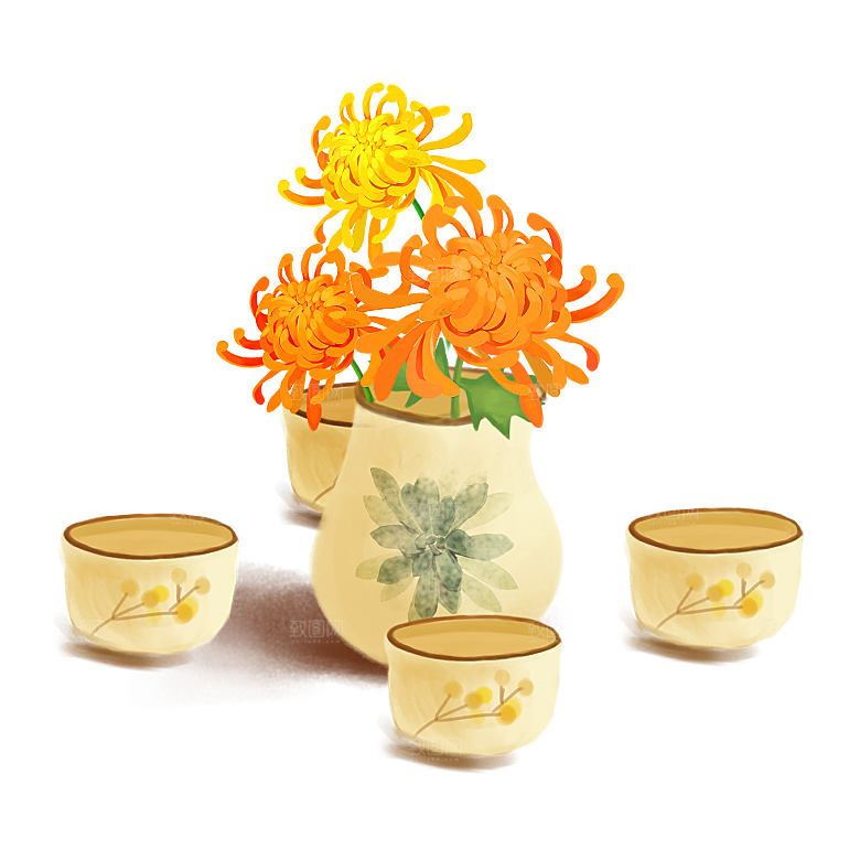手绘水墨菊花重阳节花卉海报背景PNG素材
