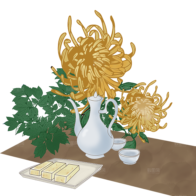 手绘水墨菊花重阳节花卉海报背景PNG素材