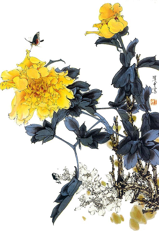 手绘水墨菊花重阳节花卉海报背景PNG