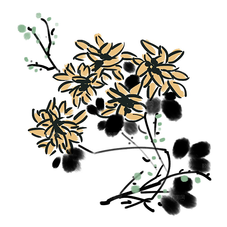 手绘水墨菊花重阳节花卉海报背景PNG