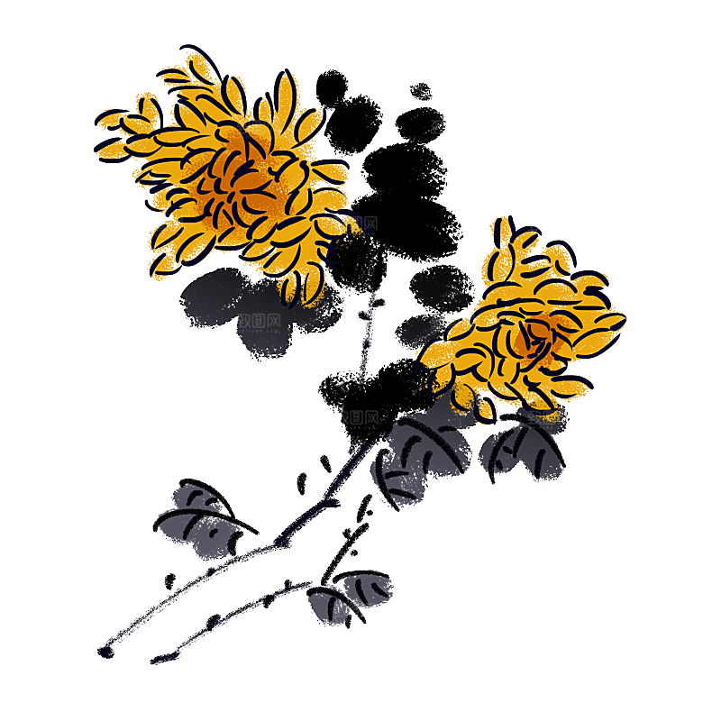 手绘水墨菊花重阳节花卉海报背景PNG