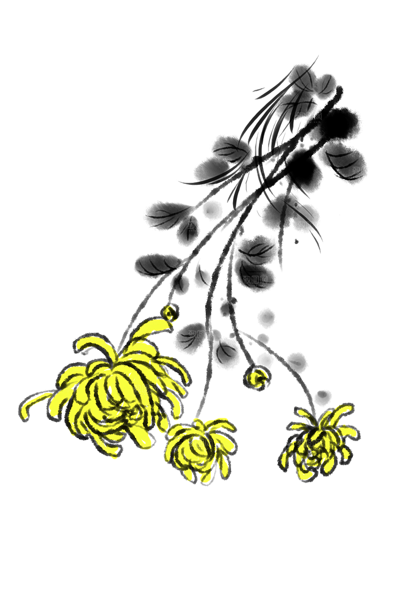 手绘水墨菊花重阳节花卉海报背景PNG免抠