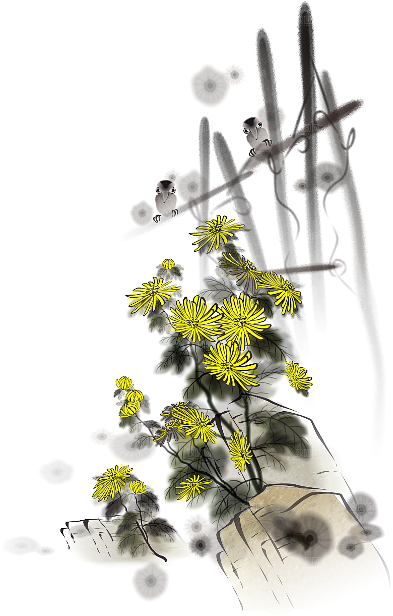 手绘水墨菊花重阳节花卉海报背景PNG
