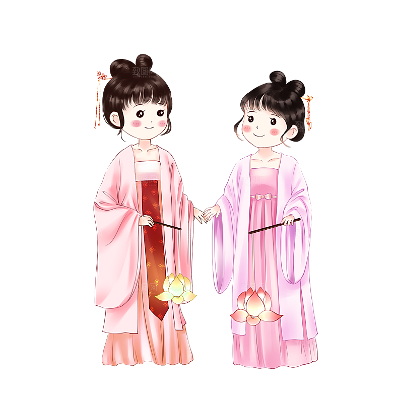 手绘中国古代女子汉服唐装插画图片
