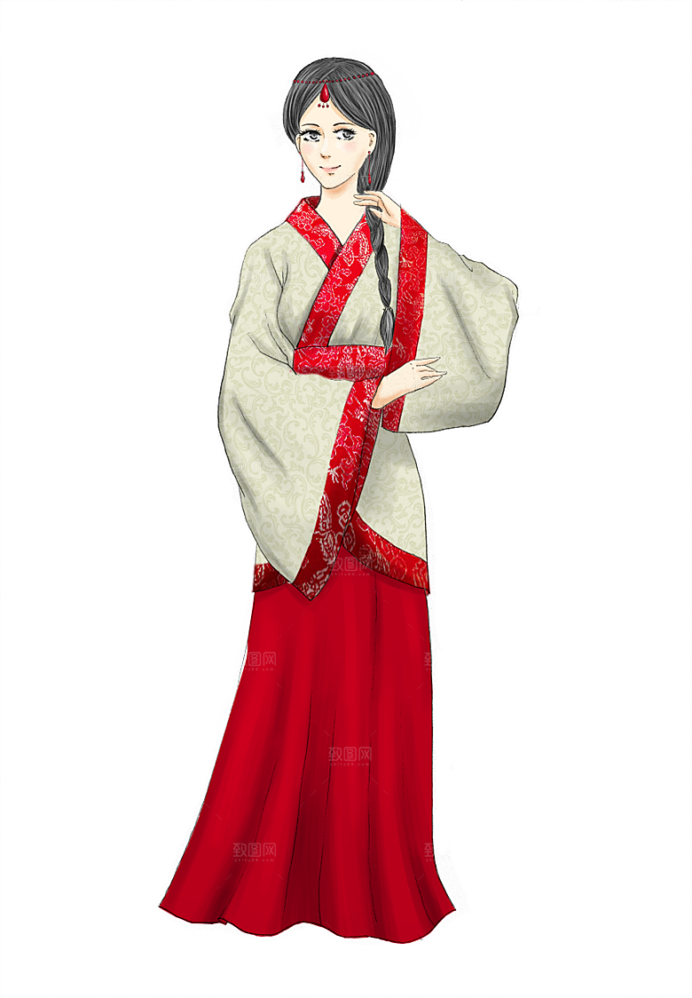 手绘中国古代女子汉服唐装插画图片