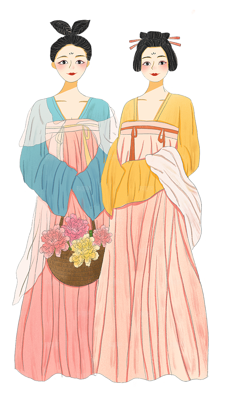 手绘中国古代女子汉服唐装插画图片素材