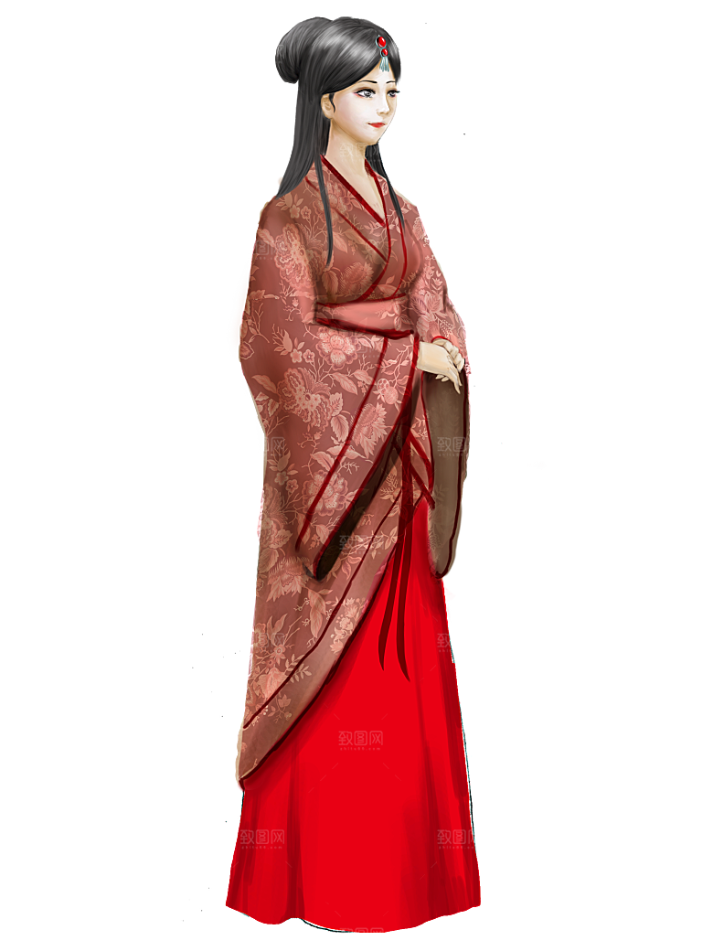 手绘中国古代女子汉服唐装插画图片素材