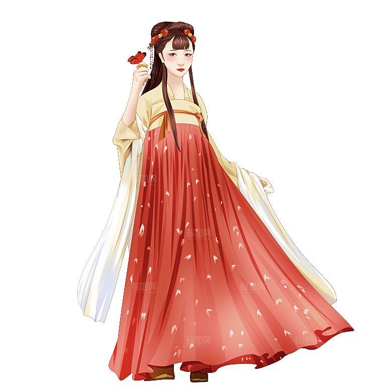 手绘中国古代女子汉服唐装插画图片
