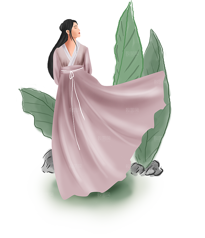 手绘中国古代女子汉服唐装插画图片素材