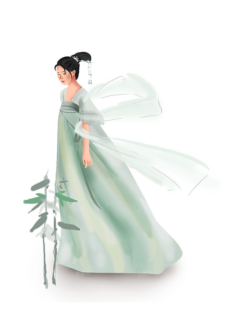 手绘中国古代女子汉服唐装插画图片素材