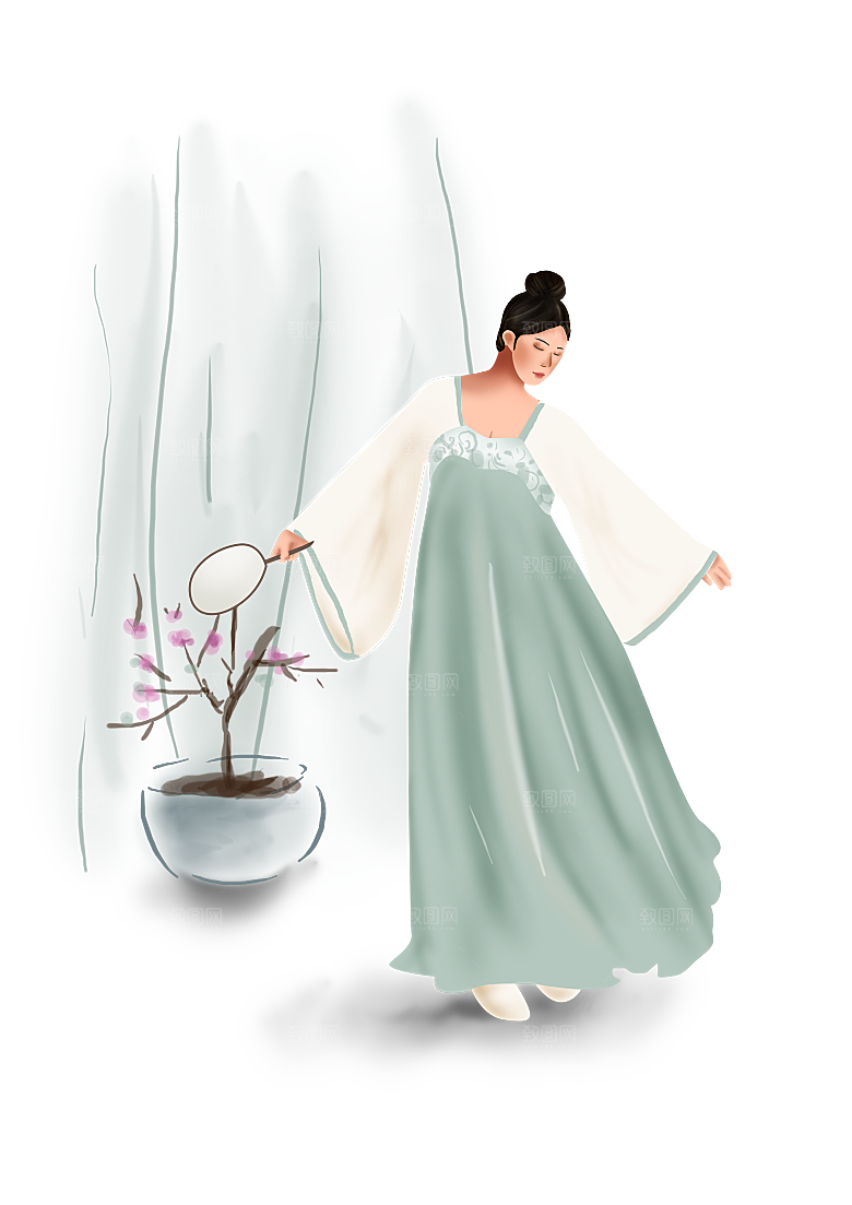 手绘中国古代女子汉服唐装插画图片素材
