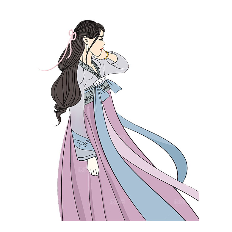 手绘中国古代女子汉服唐装插画图片
