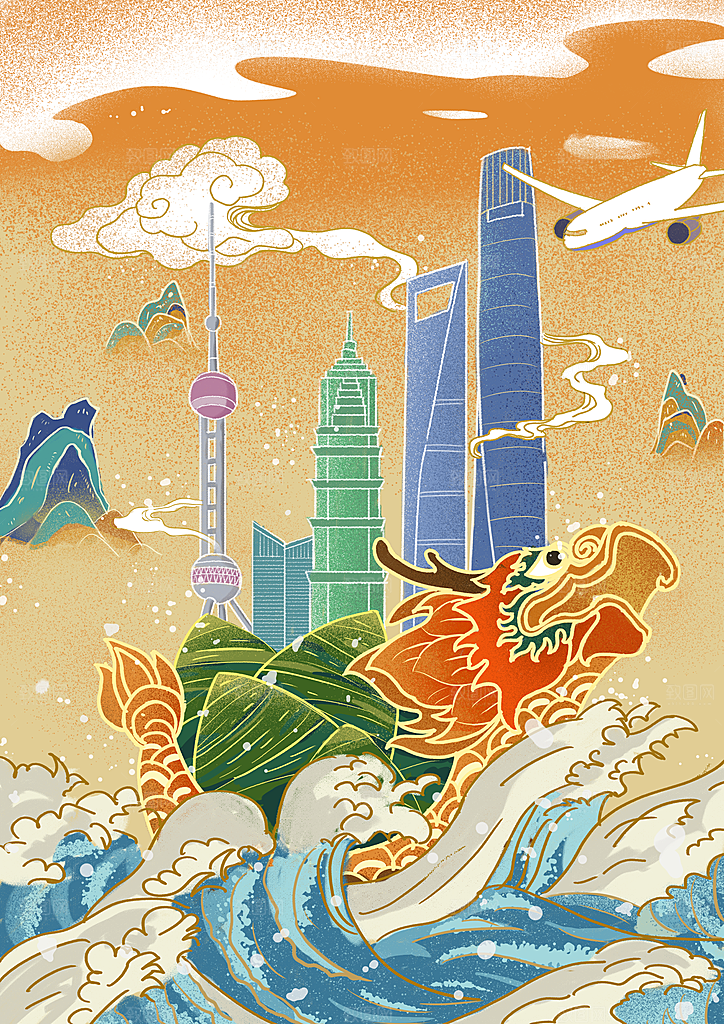 端午节节日国潮风简约大气插画海报