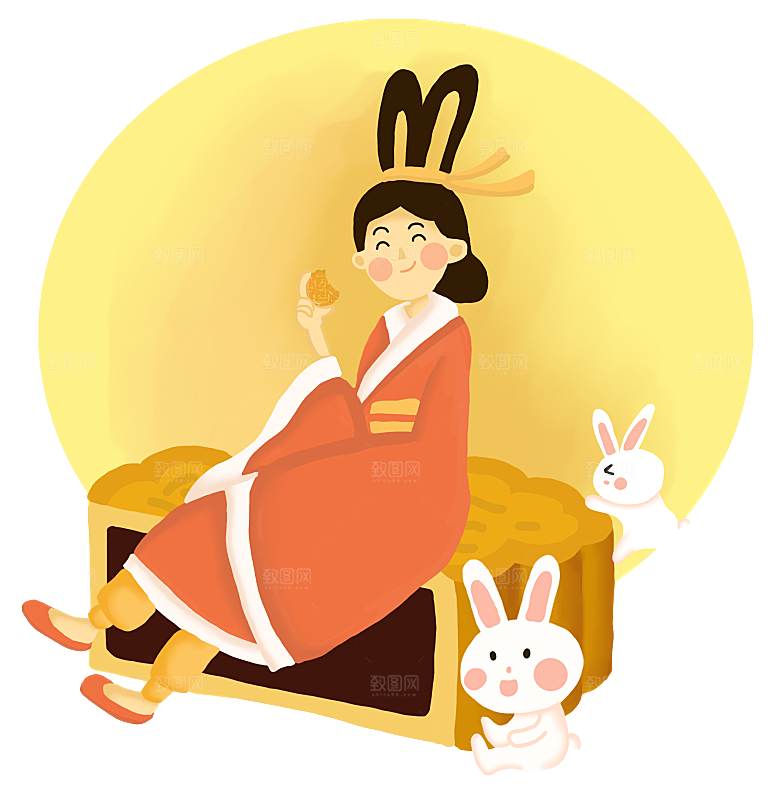 卡通中秋嫦娥奔月插画PNG素材