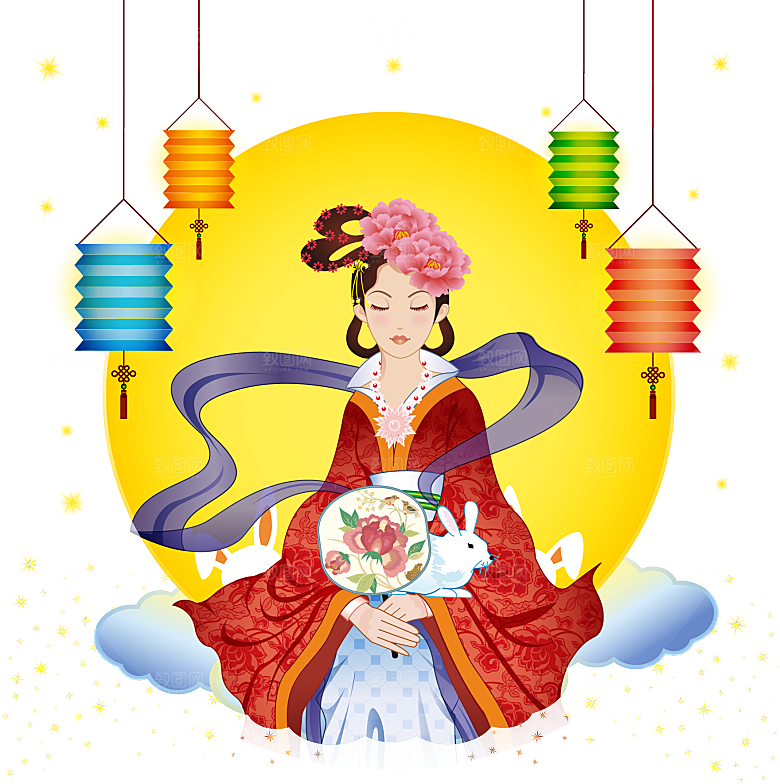 卡通中秋嫦娥奔月插画PNG素材