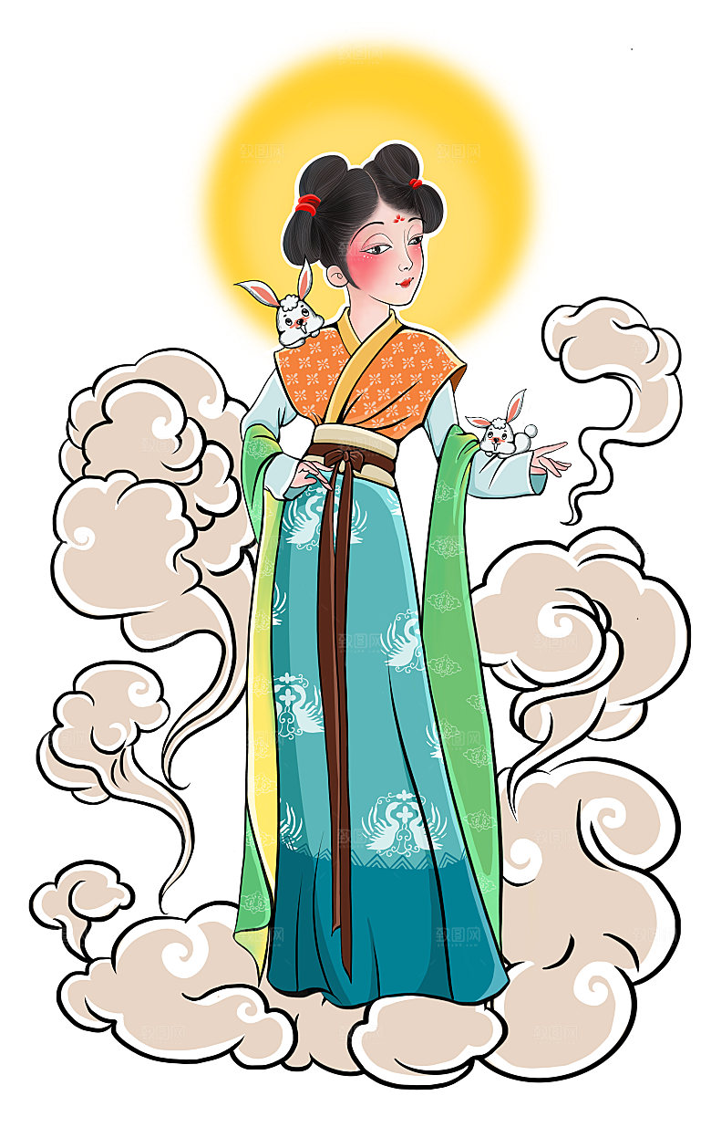 卡通中秋嫦娥奔月插画PNG素材