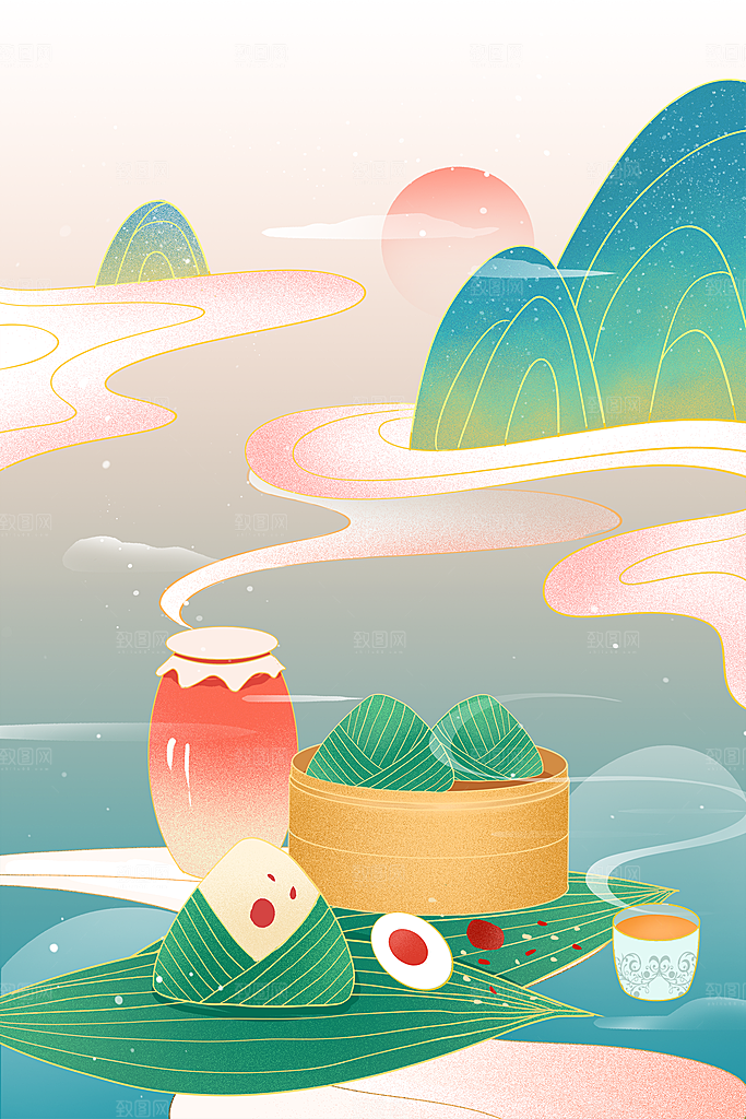 端午节节日国潮风简约大气插画海报