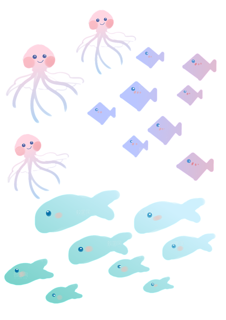卡通手绘海洋游动鱼群免扣元素