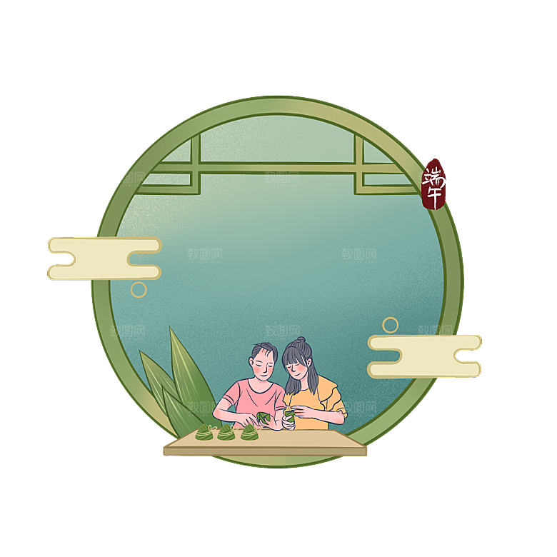 简约大气手绘端午粽子龙舟竹叶素材