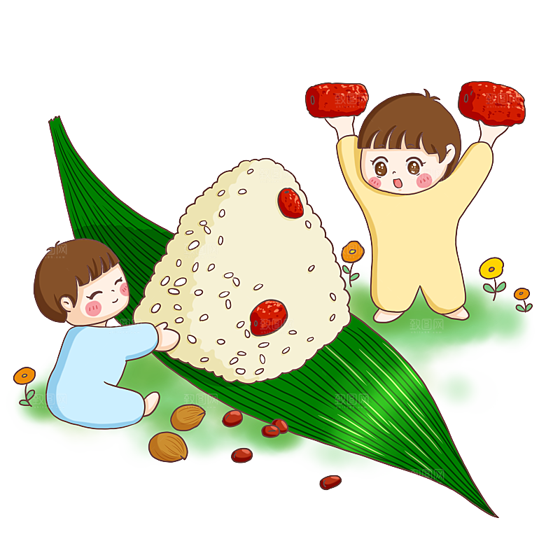 卡通可爱端午粽子龙舟竹叶插画元素
