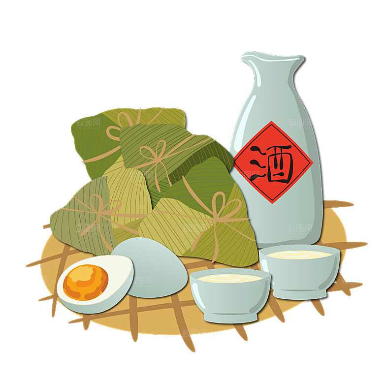 卡通可爱端午粽子龙舟竹叶插画元素