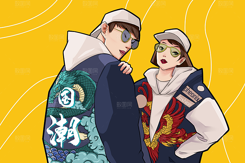 国潮风神兽潮流女孩插画海报