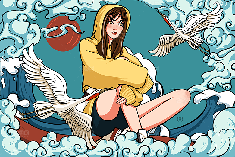 国潮风神兽潮流女孩插画海报