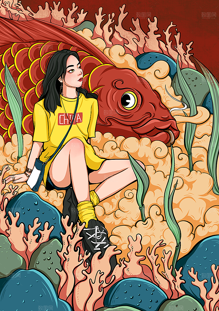 国潮风神兽潮流女孩插画海报