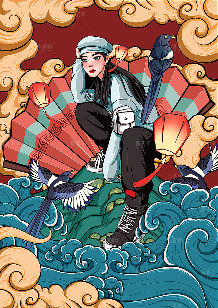 国潮风神兽潮流女孩插画海报