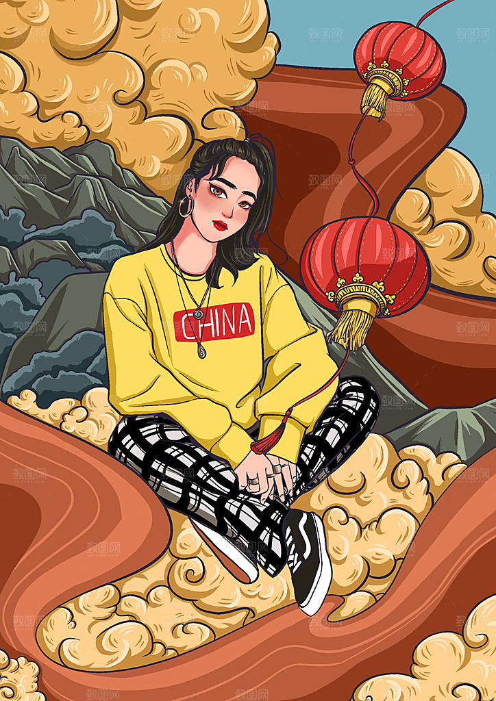 国潮风神兽潮流女孩插画海报